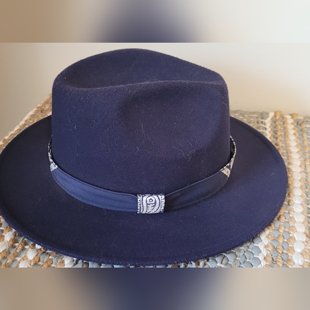 Blue and White Fedora Hat with Wide Brim